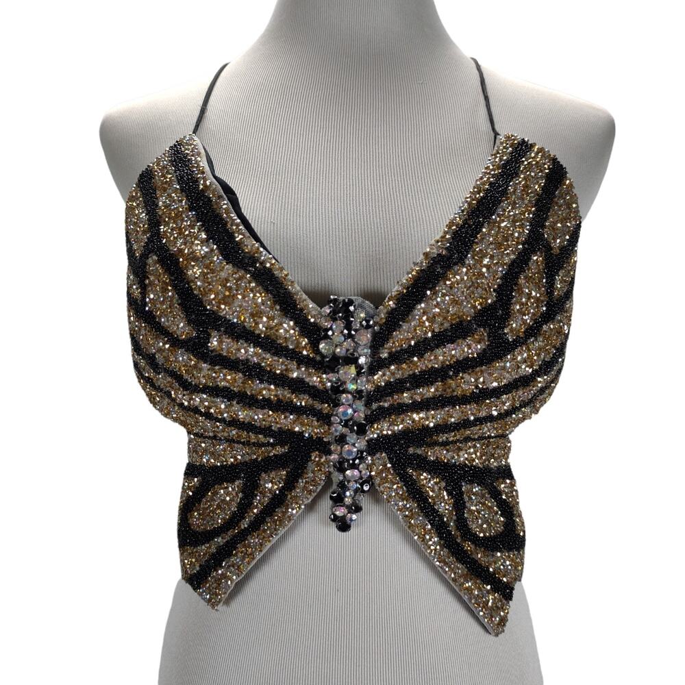 Y2K Rhinestone Butterfly Top L Gold Black Strappy Open back